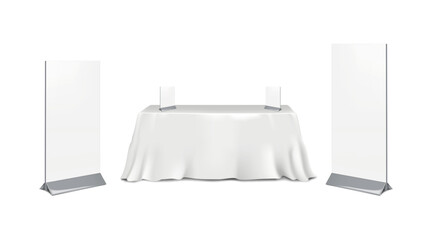Exhibition set template. Table covered with white tablecloth with blank floor and countertop pop banner stands mockup. Trade show booth kit. Vector mock-up