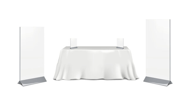 Exhibition set template. Table covered with white tablecloth with blank floor and countertop pop banner stands mockup. Trade show booth kit. Vector mock-up