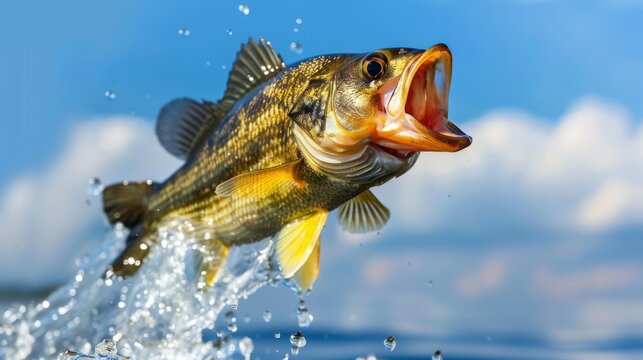 Largemouth Bass or perch Jumping Out of Water, A dynamic image capturing a largemouth bass fish leaping out of the water with splashing droplets, set against a blue sky.