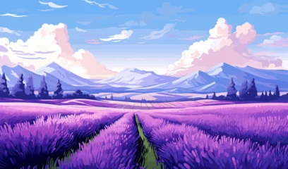 Zelfklevend Fotobehang A blooming lavender field vector simple 3d smooth isolated illustration © Viacheslav