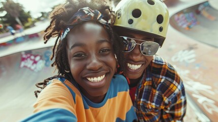 Two young skateboarders one wearing a helmet and sunglasses the other with a headband smiling at the camera while at a skatepark.