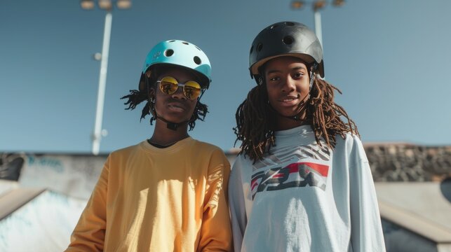 Two young skateboarders posing for a photo at a skate park wearing helmets and casual attire with a clear blue sky in the background.