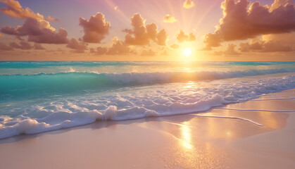 Obraz premium A serene sunset at the beach: the sun's rays illuminating the clouds and water, creating a mesmerizing scenery