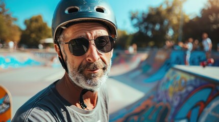 An older man with a beard and sunglasses wearing a helmet sitting at a skate park with graffiti in...
