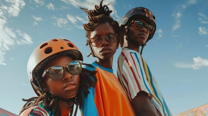 Three young individuals possibly siblings wearing helmets and sunglasses posing against a clear blue sky with a few clouds suggesting a day of outdoor activities possibly skateboarding or biking.