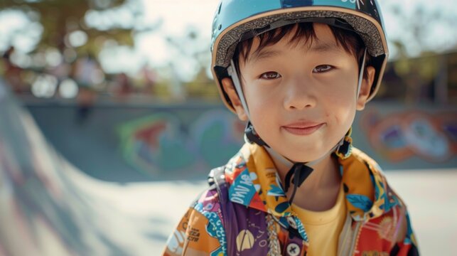 Young boy with a helmet smiling wearing a colorful jacket with a vibrant background of a skate park.
