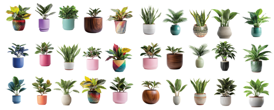 collection of all varieties of ornamental plants, including tropical species, for decorative indoor design. Peace Lily, Snake Plant, Pothos, Rubber Plant, Fiddle Leaf Fig, Aloe Vera, Philodendron, 