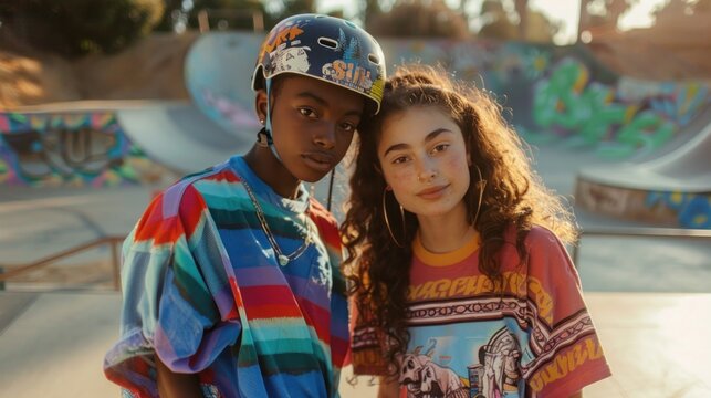 Two young individuals posing together at a skatepark with vibrant graffiti in the backgrou nd one wearing a colorful shirt and the other a patterned top both exuding a casual youthful vibe.