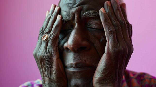 An elderly person with closed eyes resting their head on their hands conveying a sense of exhaustion or deep thought.