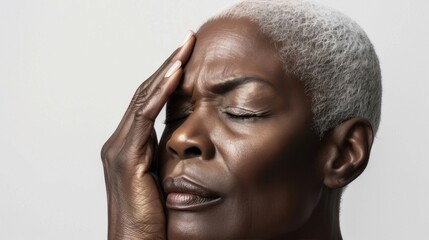 Fototapeta premium A person with a mix of dark and light skin tones one hand on their forehead looking down with a thoughtful or troubled expression.