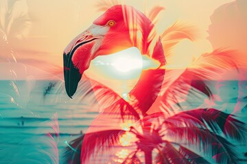 A flamingo superimposed with the silhouette of a tropical sunset in a double exposure