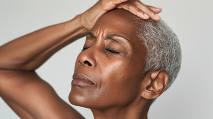 Naklejka premium A woman with short gray hair closed eyes and a hand on her forehead appearing to be in deep thought or possibly experiencing a headache.