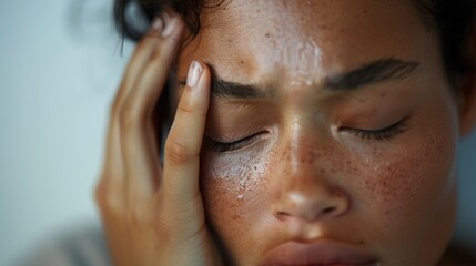Naklejka premium A woman with closed eyes pressing her hand against her forehead showing a sense of distress or exhaustion.