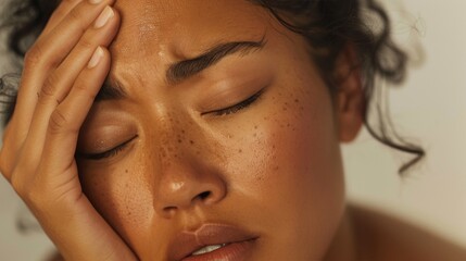 A woman with closed eyes and her hand on her forehead appearing to be in deep thought or distress.