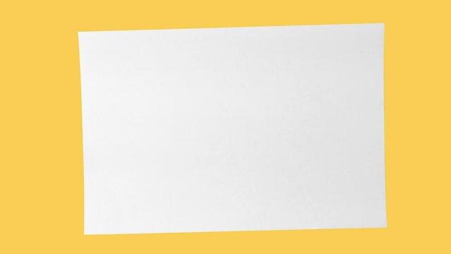 Stop motion animation of blank paper sheet from Wrinkled Crumbled to flat white paper on yellow background. 