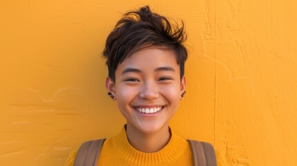 Smiling young person with short hair and earrings wearing a yellow tu rtleneck standing against a textured yellow wall.