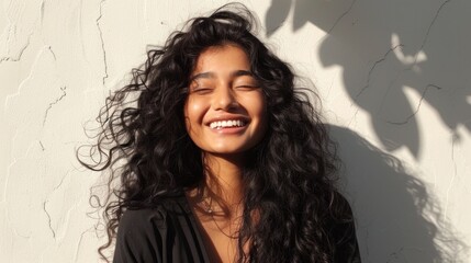 Smiling woman with long curly hair against a textured wall.