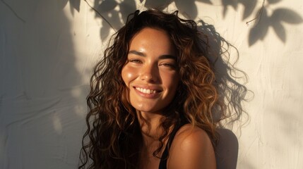 A woman with curly hair and a radiant smile basking in the sunlight with her head tilted to the side casting a soft shadow on a white wall.