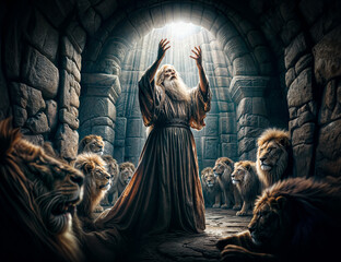 Daniel in the Lions Den - Bible Story of Divine Protection and God's Salvation - obrazy, fototapety, plakaty