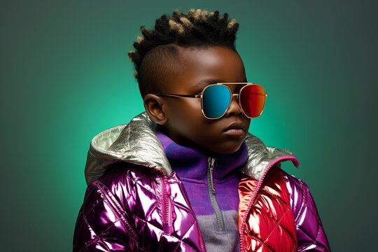 
A 5-year-old African boy donning a holographic jacket and sunglasses, exuding style against a solid light pich background