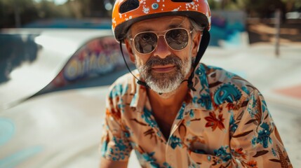 An older man with a beard and sunglasses wearing a colorful Hawaiian shirt and an orange helmet...