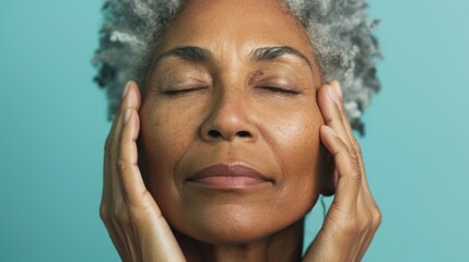 Fototapeta premium A woman with closed eyes hands gently resting on her cheeks exuding a sense of calm and relaxation against a soft blue background.