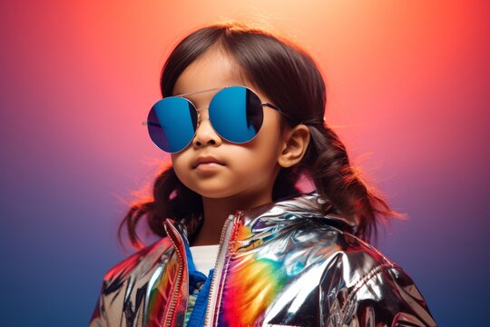 
A 6-year-old Chineese girl donning a holographic jacket and sunglasses, exuding style against a solid light pich background