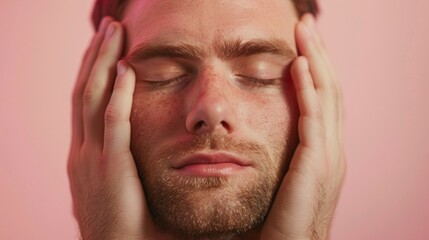 Man with closed eyes resting his hands on his temples against a pink background conveying a sense of relaxation or contemplation.