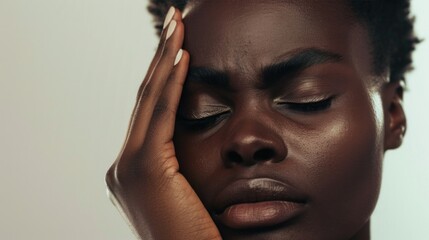 A close-up of a person with a somber expression resting their head on their hand with a focus on the skin texture and the closed eyes.