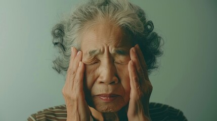 An elderly woman with closed eyes pressing her hands against her temples conveying a sense of distress or pain. - 745804044