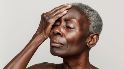 Fototapeta premium A woman with gray hair closed eyes and a hand on her forehead conveying a sense of deep thought or concern.