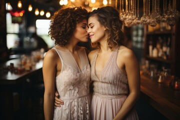 Fototapeta premium Close-up of lesbian afro business woman and woman kissing in modern outdoor cafe