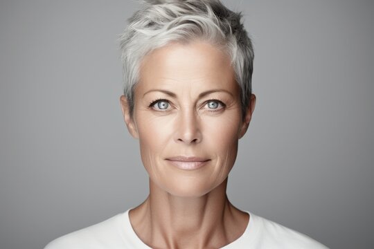 Closeup portrait of a beautiful middle aged woman with grey hair looking at camera