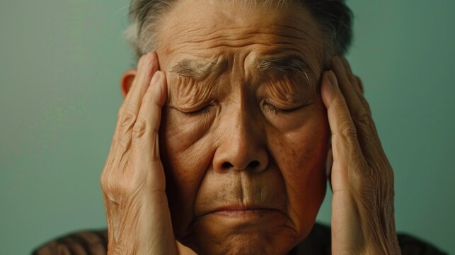 An elderly man with closed eyes pressing his hands against his tem ples displaying a look of deep concern or distress.