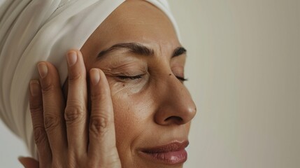 A serene woman with closed eyes wearing a white headscarf gently massaging her temples with her fingertips.