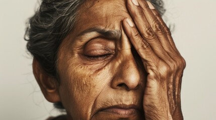 An elderly person with closed eyes resting their head on their hand conveying a sense of fatigue or contemplation. - obrazy, fototapety, plakaty