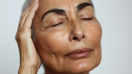 Fototapeta premium A close-up of a woman's face her eyes closed with her hand gently resting on her forehead conveying a sense of relaxation or contemplation.