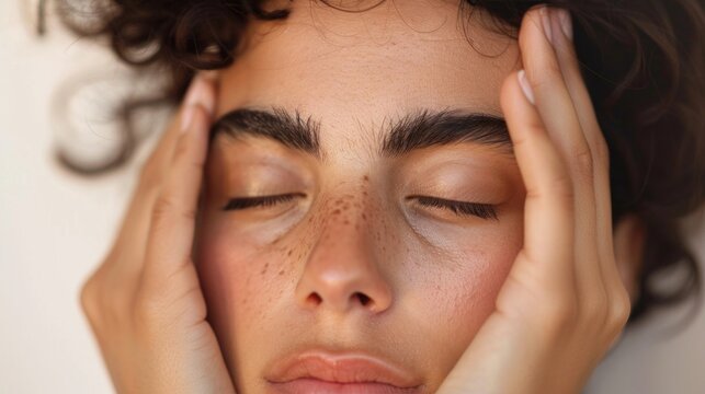A person with closed eyes resting their head on their hands conveying a sense of relaxation or contemplation.