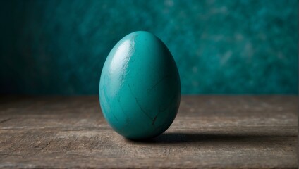 A single blue egg rests on a wooden table