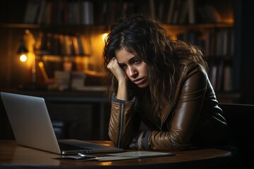 Stressed caucasian woman with bank documents and laptop at table, financial difficulties concept