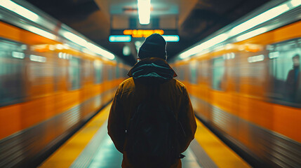 Back view of a man in the subway railways