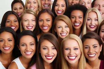 Multiple smiling headshots of diverse men and women on white background looking at the camera - obrazy, fototapety, plakaty