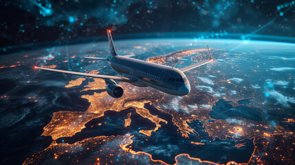 Futuristic Airplane Gliding Over Translucent Digital World Map, Europe map