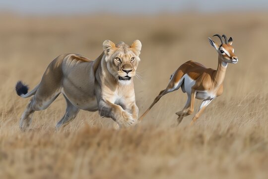 Lion chasing deer. Hunting, wildlife.
