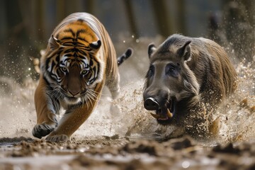 Naklejka premium Tiger chasing wild boar. Hunting, wildlife.
