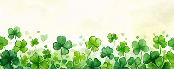 Saint Patrick’s day background. Green watercolor four leaf clovers or shamrocks border with copy space. Festive happy holidays St. Paddy's greeting card, invitation, promotion or banner backdrop. - obrazy, fototapety, plakaty