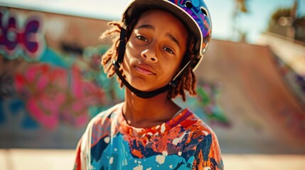 Young skateboarder with a colorful helmet looking offto the side standing in front of a vibrant...