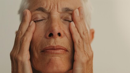 Fototapeta premium An elderly person with closed eyes resting their hands on their face conveying a sense of contemplation or exhaustion.