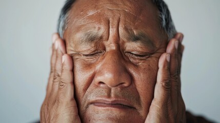 An elderly man with closed eyes resting his head on his hands appearing contemplative or weary.