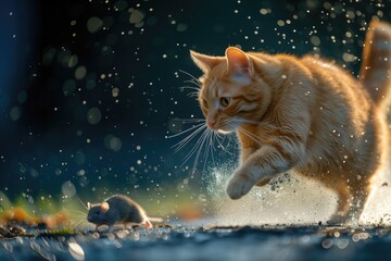 The cat hunts the mouse.